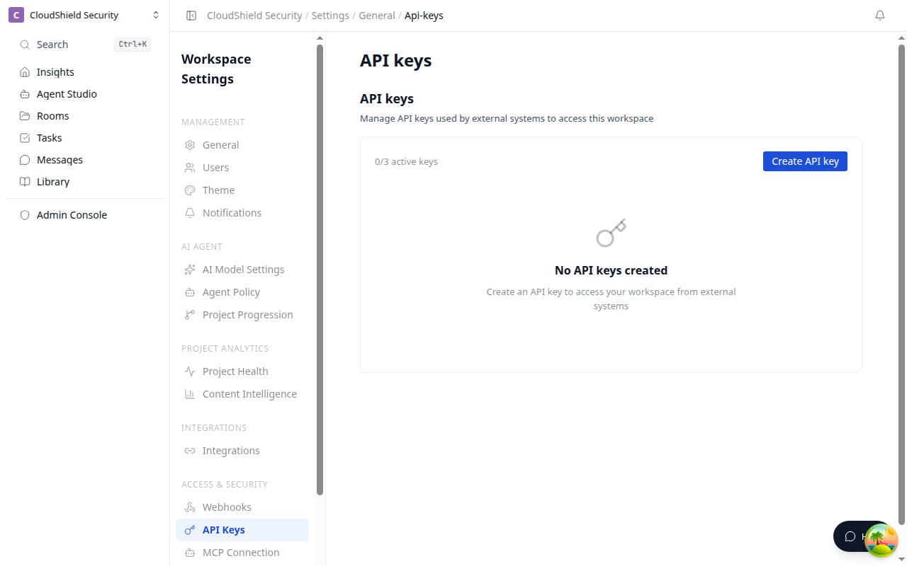 API key settings screen