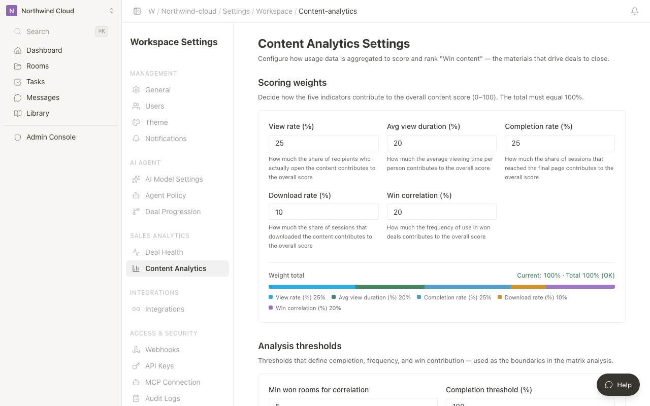 Content analytics settings screen