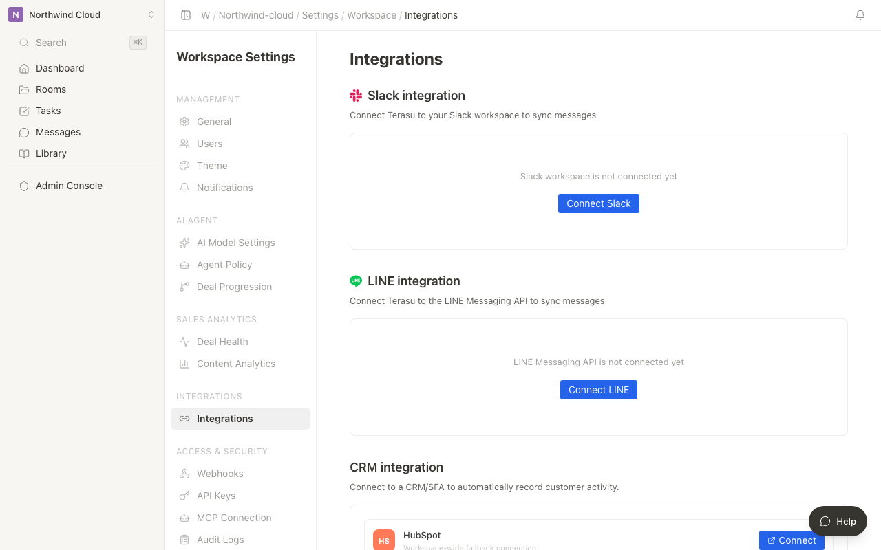 Slack integration settings screen