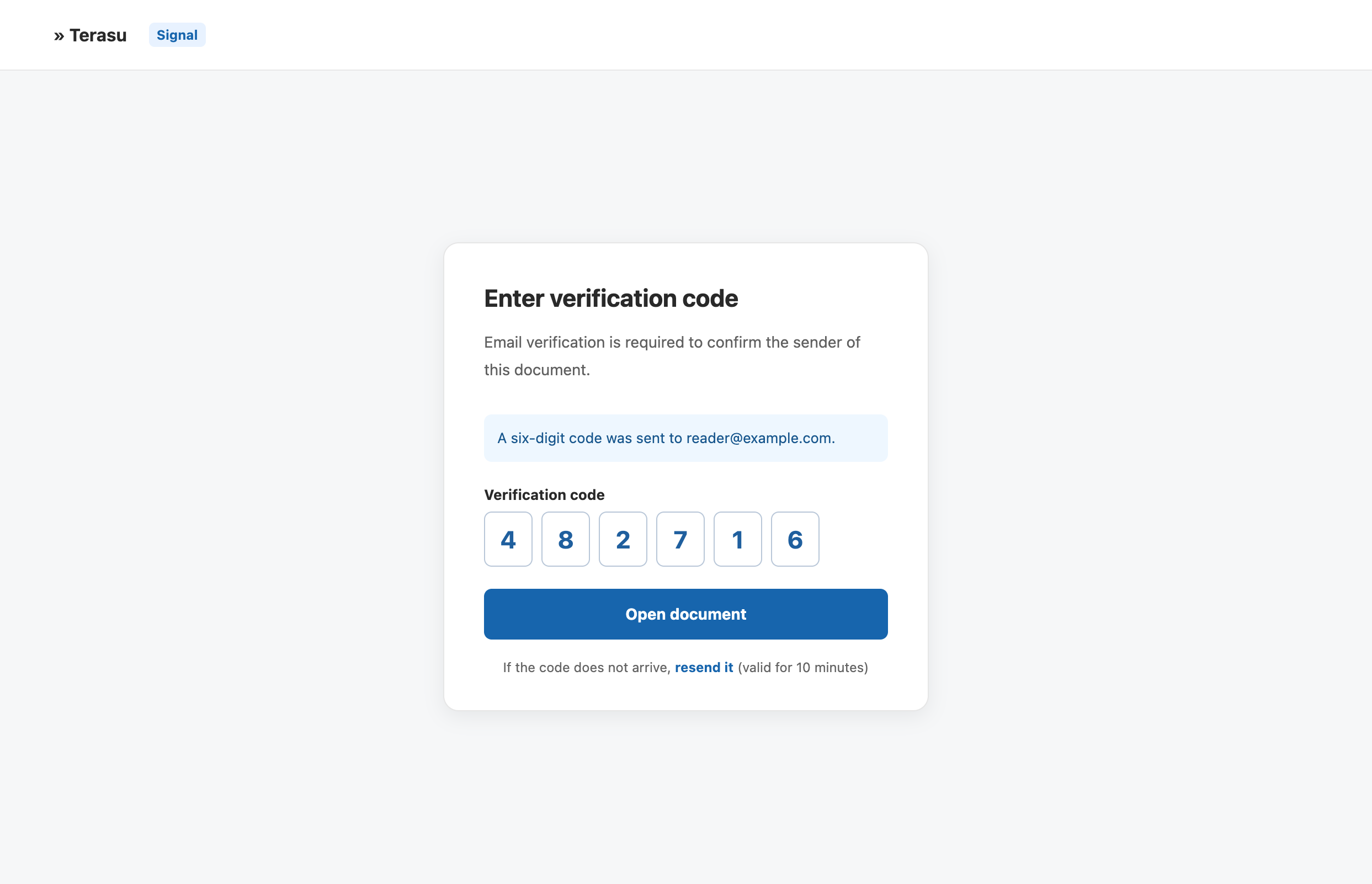 Six-digit verification code entry screen with the option to resend and the 10-minute validity period