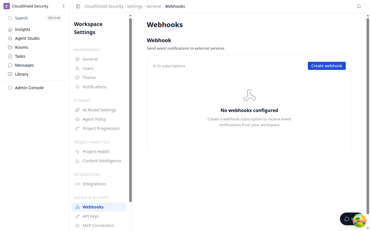Webhook settings screen