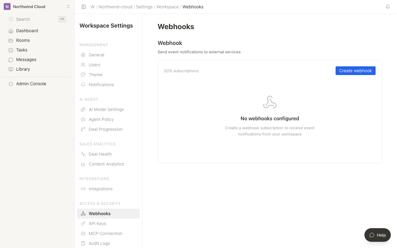 Webhook and API key settings screen