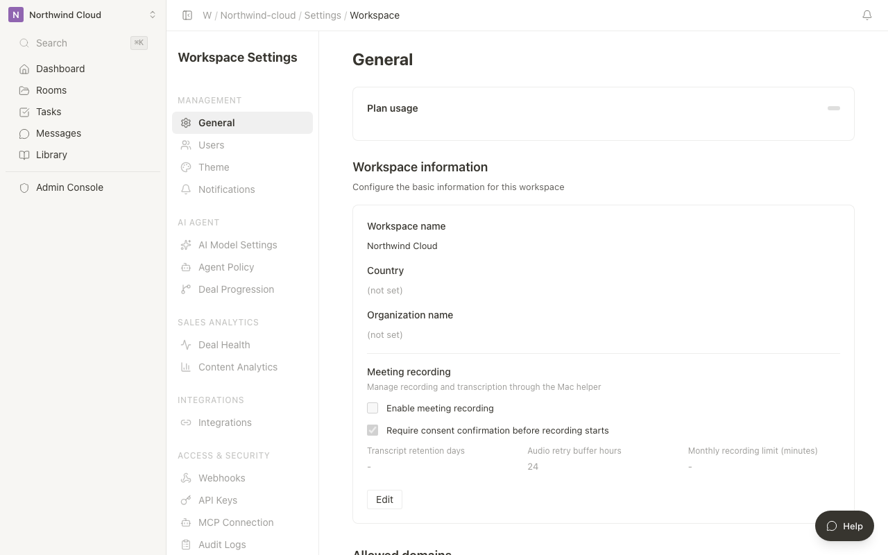 Workspace settings screen