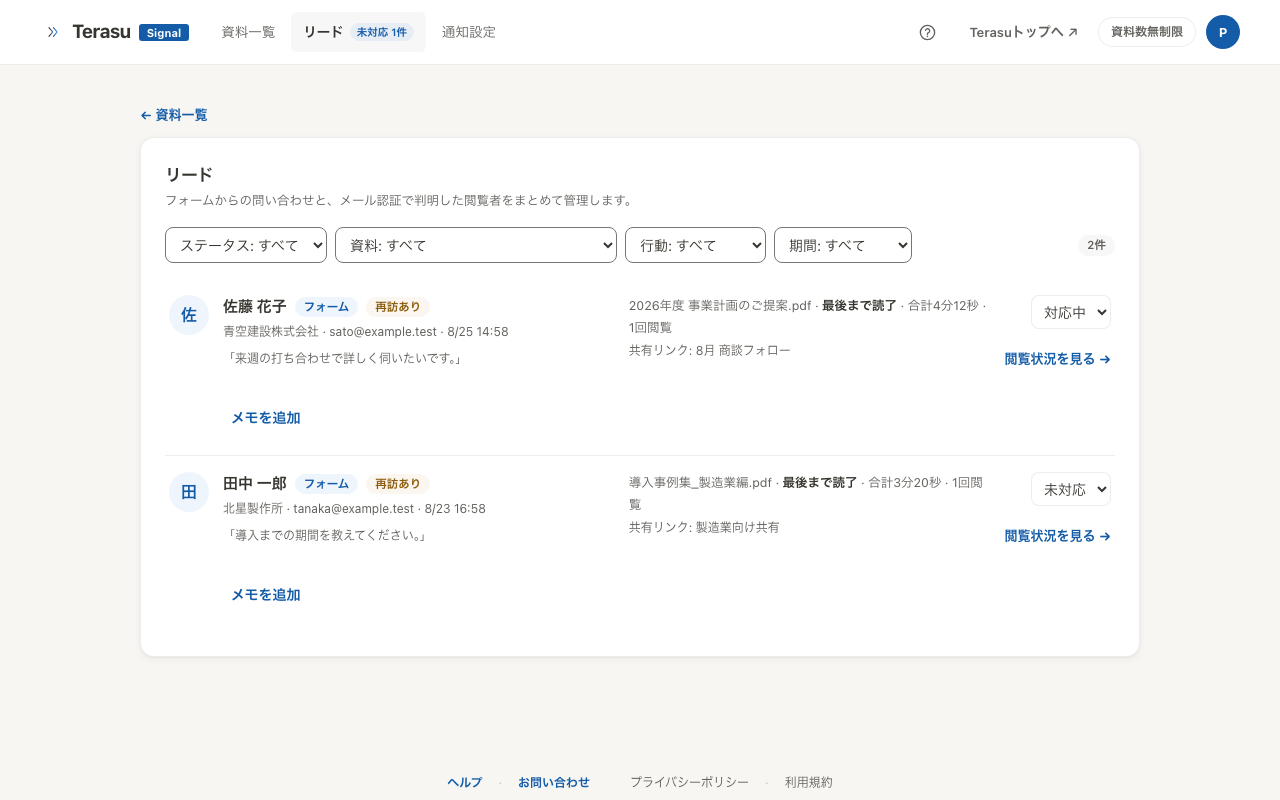 リード一覧。連絡先と閲覧状況、対応ステータスが並ぶ